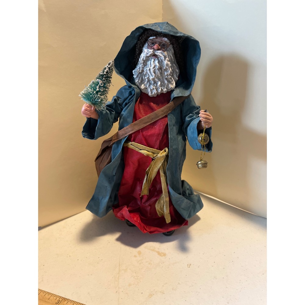 Vintage Folk Art Santa Claus Figurine Blue Hooded Cloak Christmas Decor 10 inch